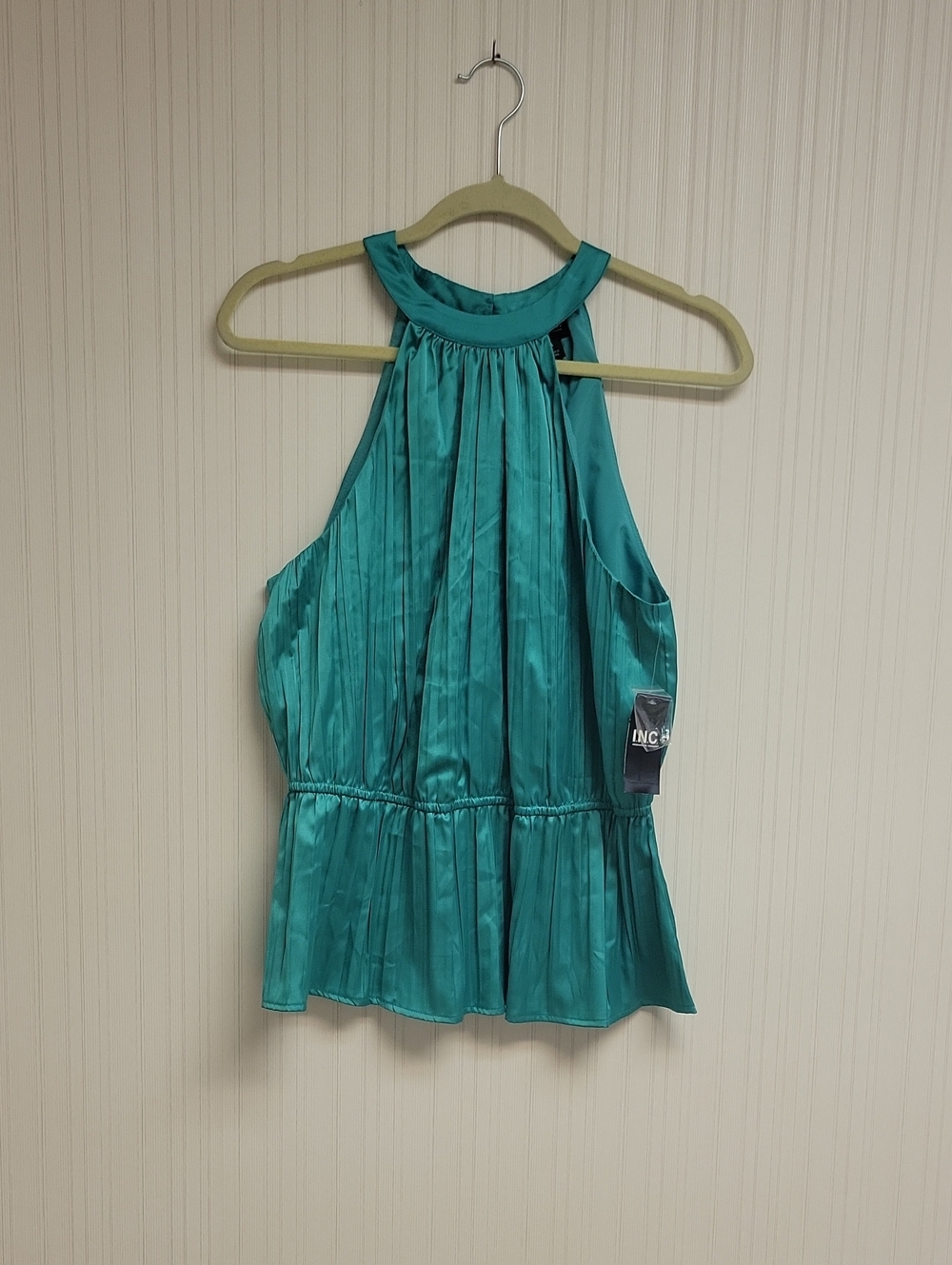 INC International Concepts Surf Green Pleated Halter Satin Camisole Large New